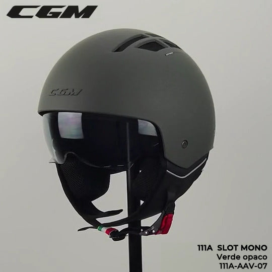 Casco Jet Cgm Uomo Donna Scooter 111A SLOT MONO Verde opaco con riciclo aria interno