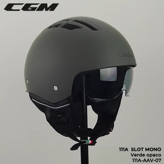 Casco Jet Cgm Uomo Donna Scooter 111A SLOT MONO Verde opaco con riciclo aria interno