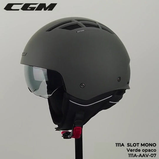 Casco Jet Cgm Uomo Donna Scooter 111A SLOT MONO Verde opaco con riciclo aria interno