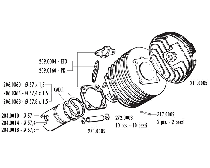 140.0050 Kit Cilindro Polini D.57 Piaggio Vespa Primavera 125 