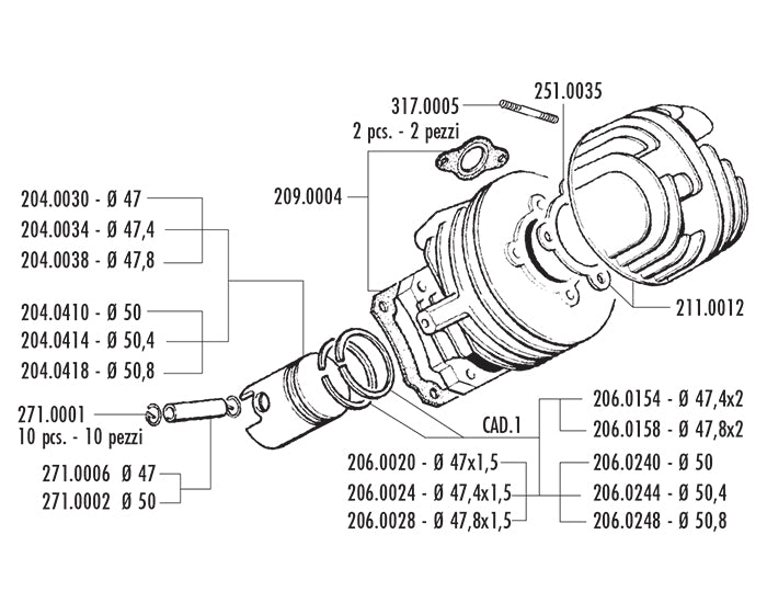 140.0059 Kit cilindro polini Vespa 50-Pk-Xl-Ape Diametro 50 