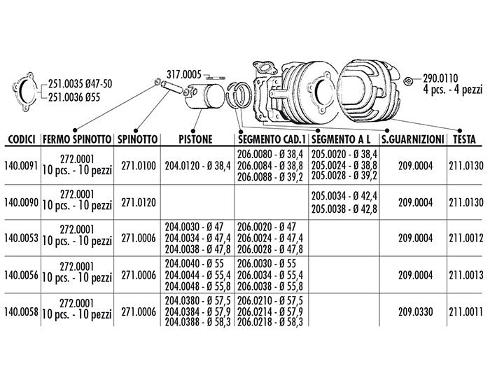140.0053 Kit cilindro polini Vespa 50-Pk-Xl-Ape Diametro 47