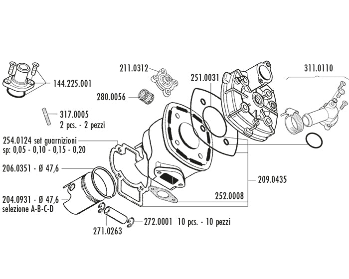 140.0206 Kit Cilindro Alluminio Piaggio Zip Sp H2O D.47,6 Polini Evo 3