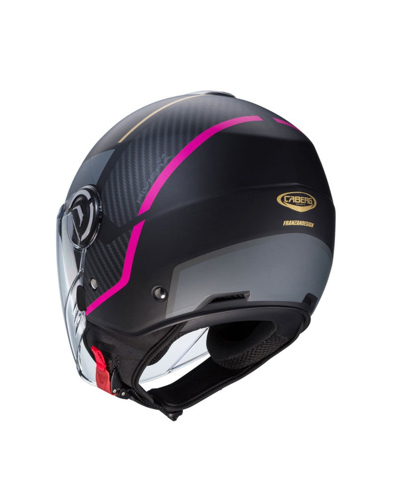 Casco moto scooter jet CABERG Riviera V4X Geo Nero Opaco Antracite Fucsia