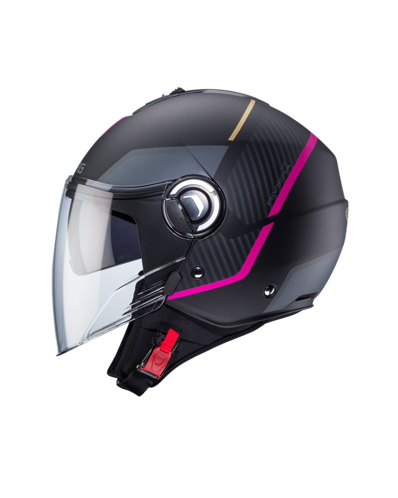 Casco moto scooter jet CABERG Riviera V4X Geo Nero Opaco Antracite Fucsia