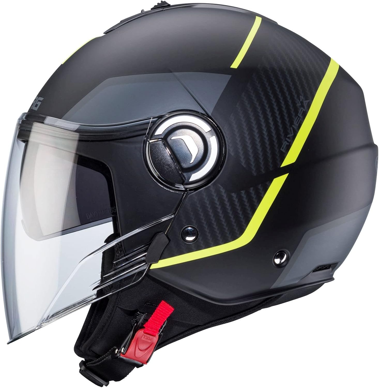 Casco moto scooter jet CABERG Riviera V4X Geo Nero Opaco Antracite Giallo Fluo