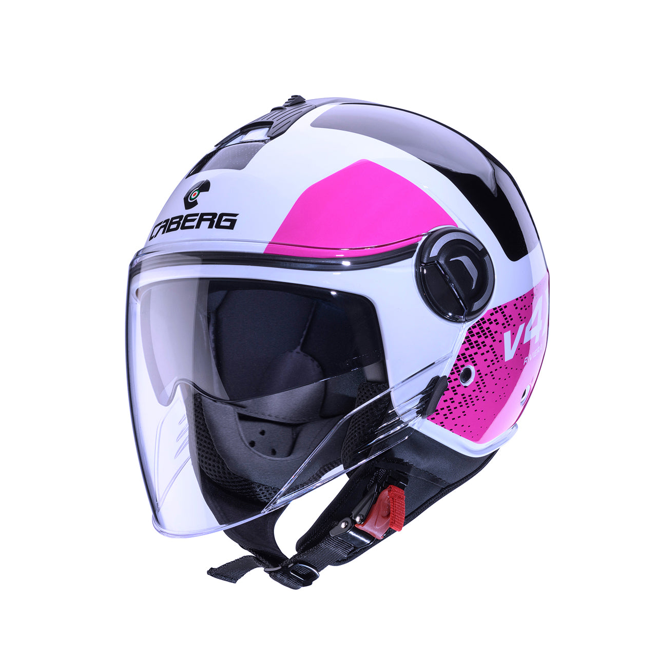Casco moto scooter jet CABERG Riviera V4X ALPHA Bianco/Nero/Fucsia