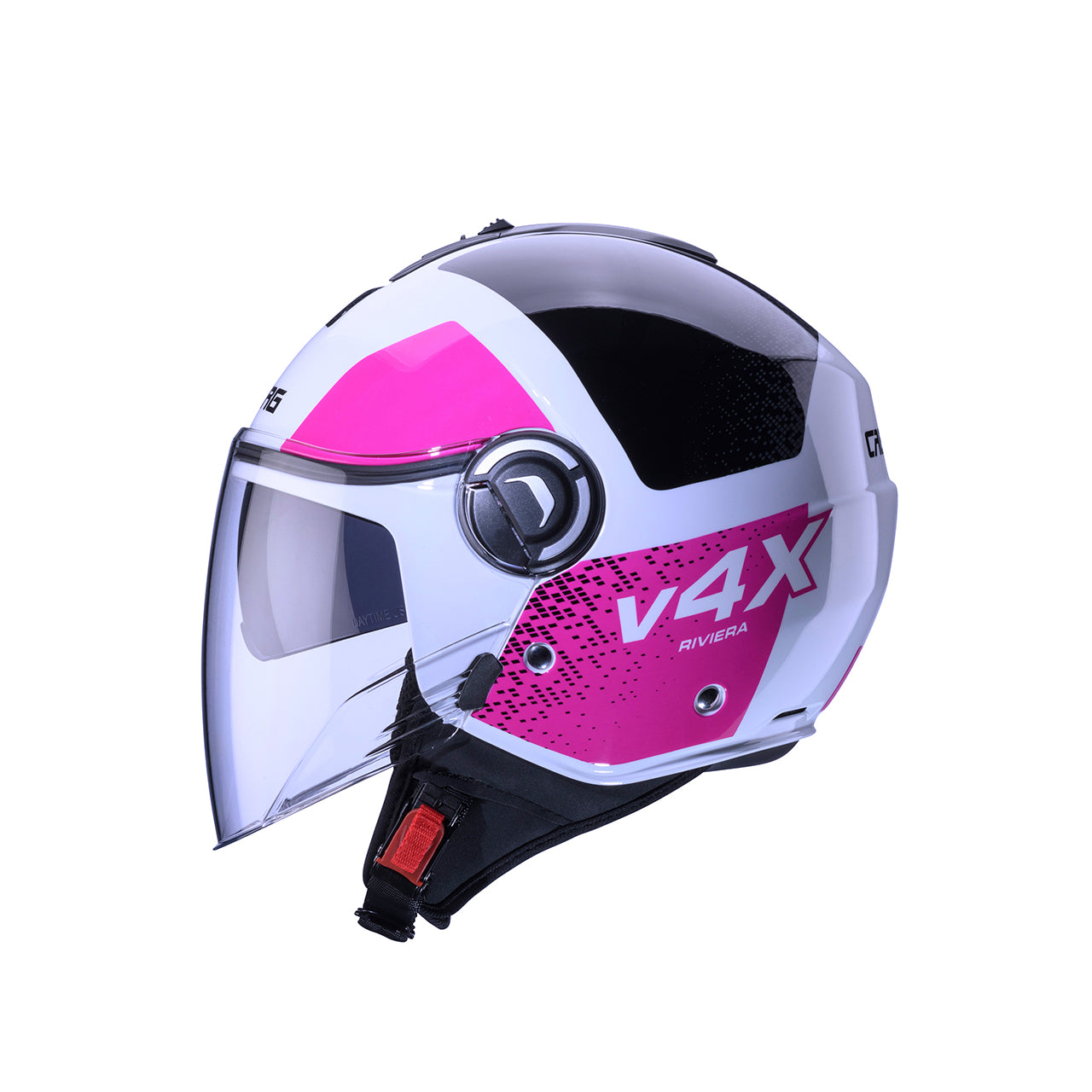 Casco moto scooter jet CABERG Riviera V4X ALPHA Bianco/Nero/Fucsia