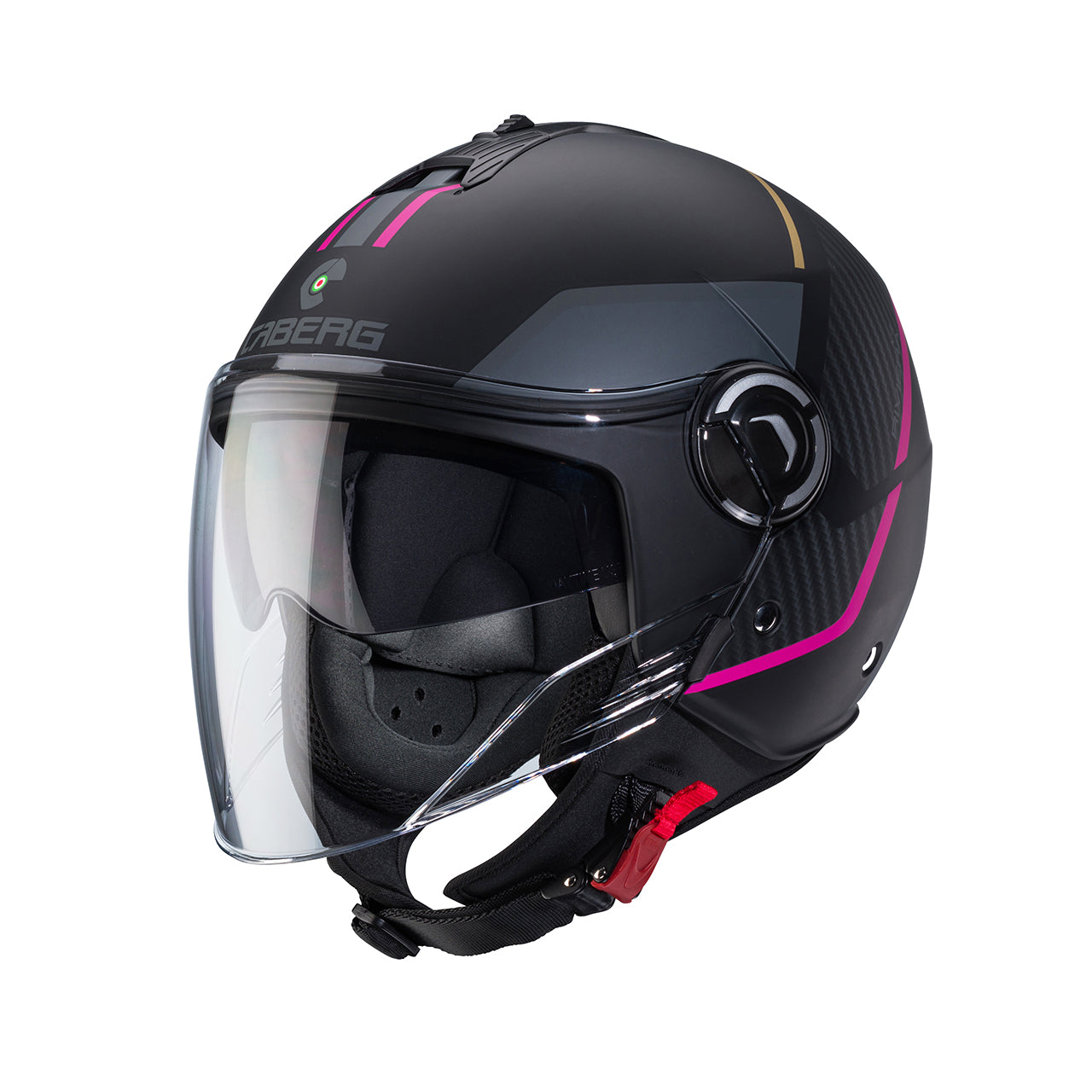 Casco moto scooter jet CABERG Riviera V4X Geo Nero Opaco Antracite Fucsia