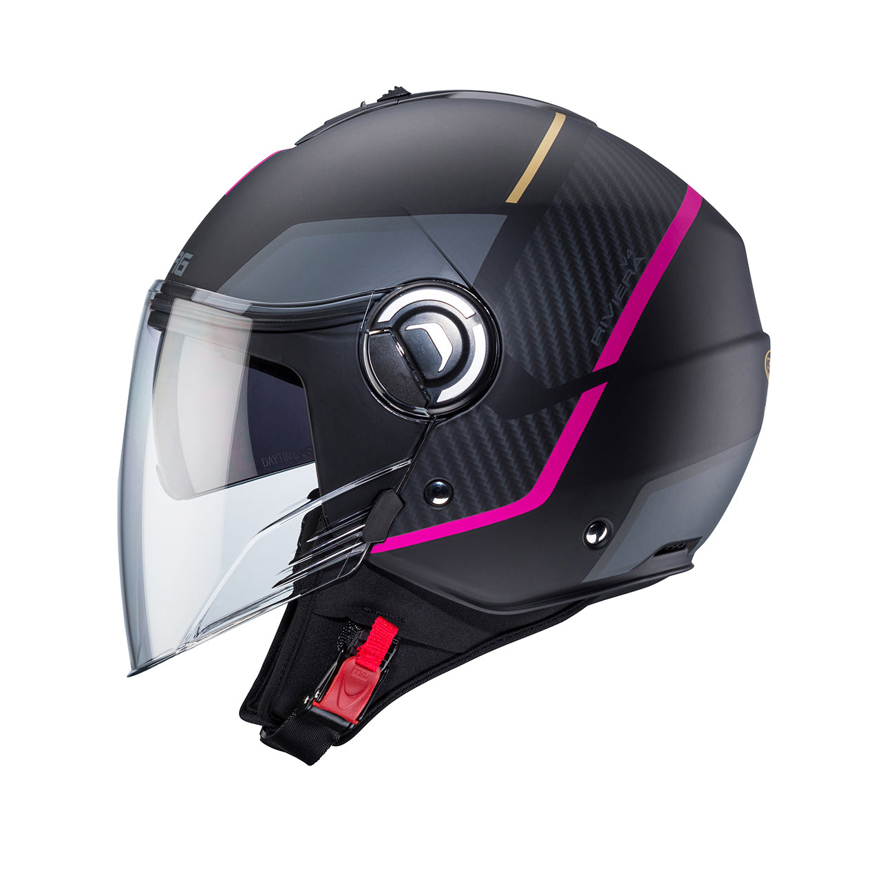 Casco moto scooter jet CABERG Riviera V4X Geo Nero Opaco Antracite Fucsia