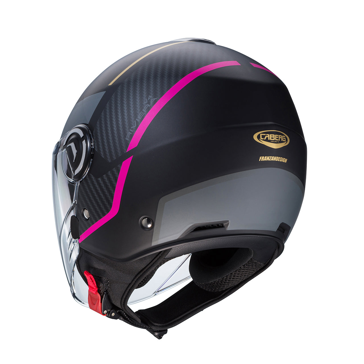 Casco moto scooter jet CABERG Riviera V4X Geo Nero Opaco Antracite Fucsia