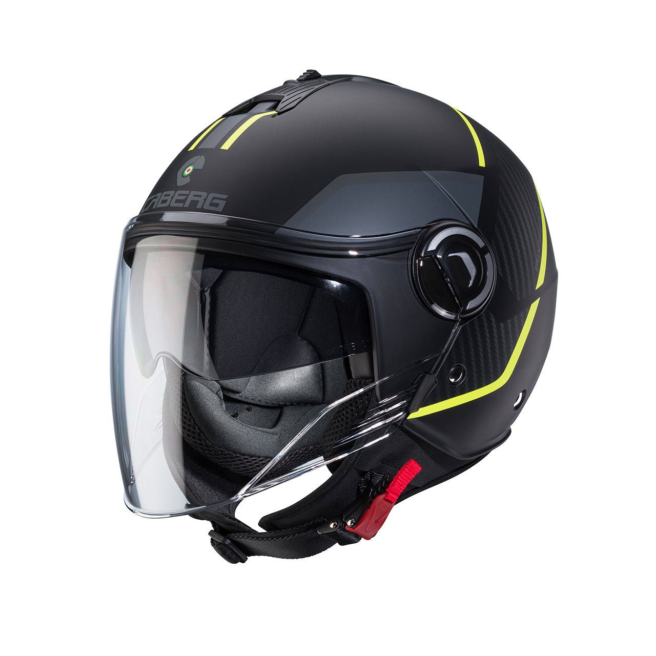 Casco moto scooter jet CABERG Riviera V4X Geo Nero Opaco Antracite Giallo Fluo