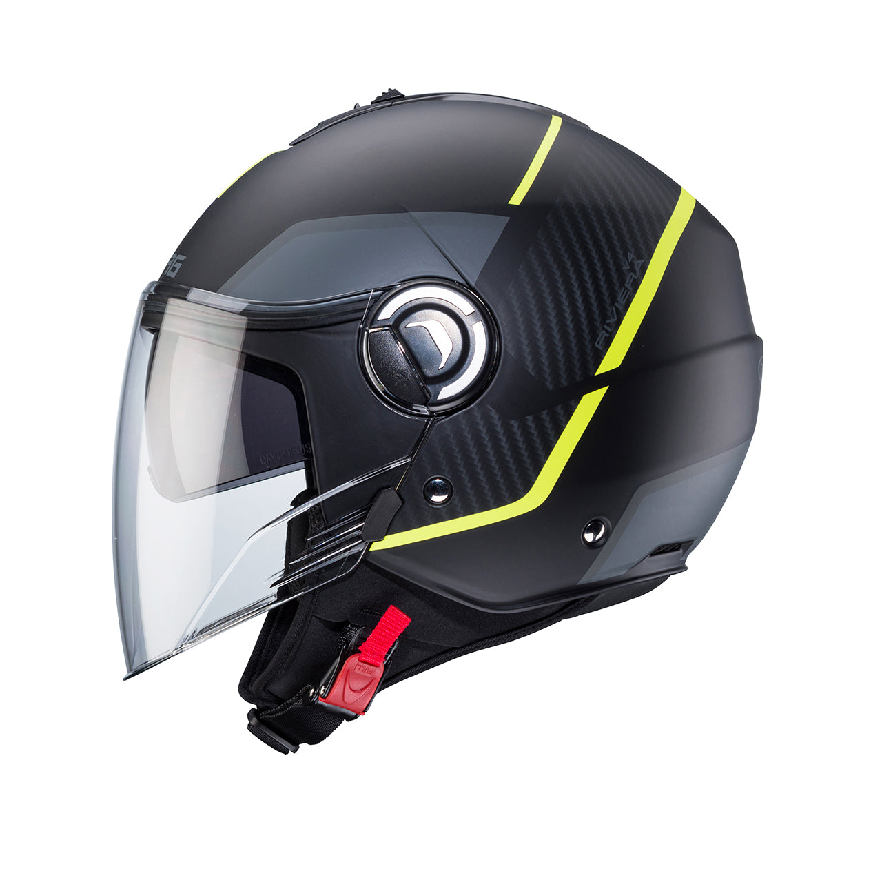 Casco moto scooter jet CABERG Riviera V4X Geo Nero Opaco Antracite Giallo Fluo