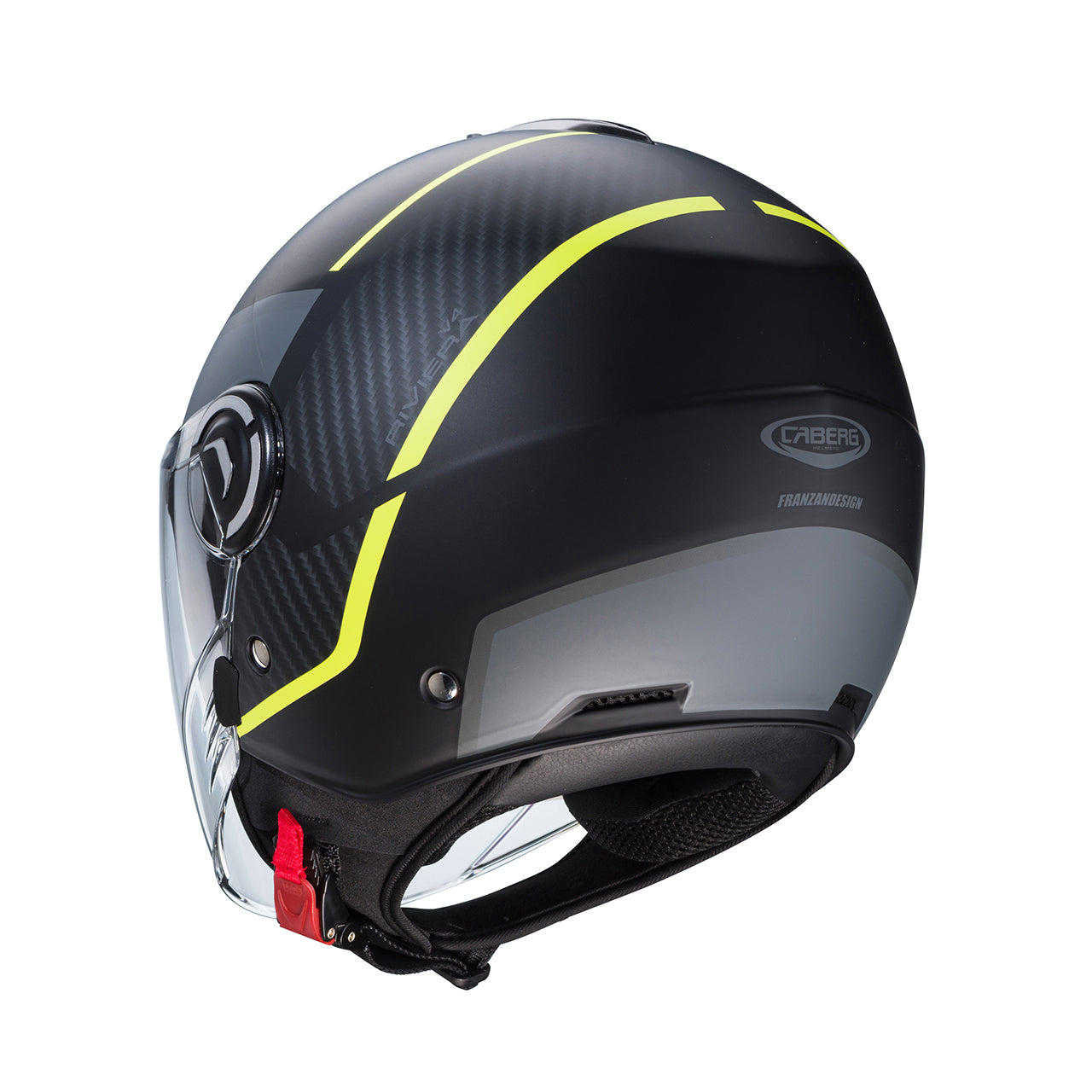 Casco moto scooter jet CABERG Riviera V4X Geo Nero Opaco Antracite Giallo Fluo